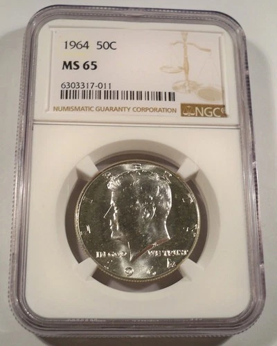 1964 NGC MS65 SILVER KENNEDY HALF DOLLAR VERY WHITE 50c MS 65