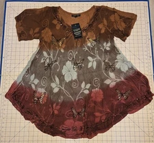 GREATER GOOD Women’s Short Sleeve Tunic Shirt Top Butterfly Beaded  Free Size