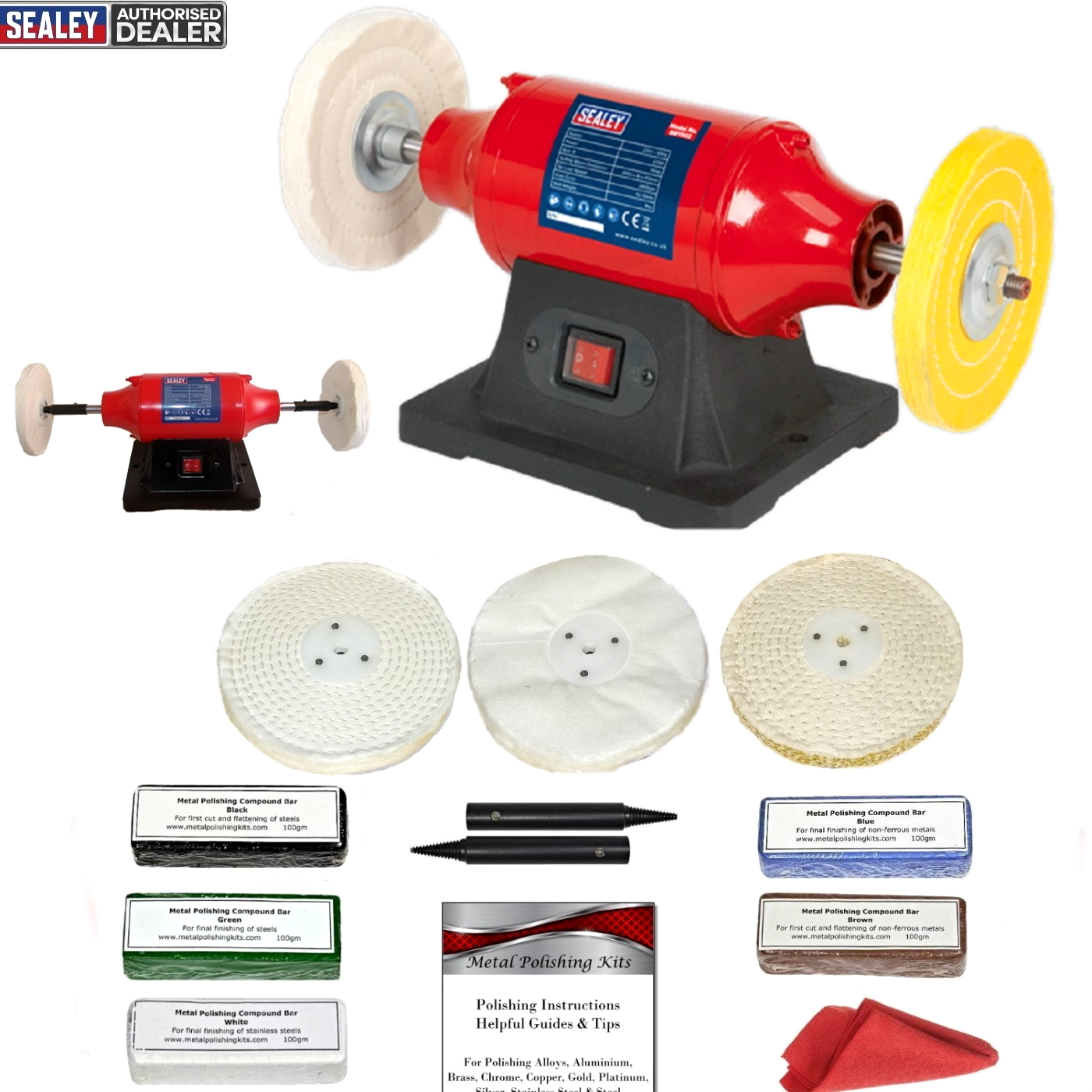 370W Sealey Metal Polisher Polishing Machine 6"" Kit + Spindle Extensions