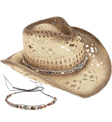 Straw Cowboy Hat for Women with 9 Replacement Hat Bands - Beige Western Cowgirl Newcotte 9 Pack Straw Cowboy Hats for Women Western Cowgirl  main image 2