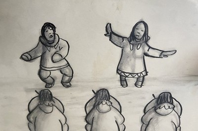 Signed 1969 ROBERT MAYOKOK Inuit Drummers & Dancers Charcoal/Ink DRAWING: Alaska