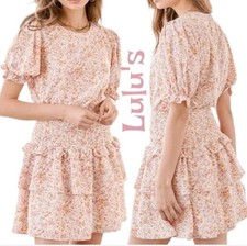 Lulus Women's Sz L Isn't She Darling Blush Floral Puff Sleeve Mini Dress Summer