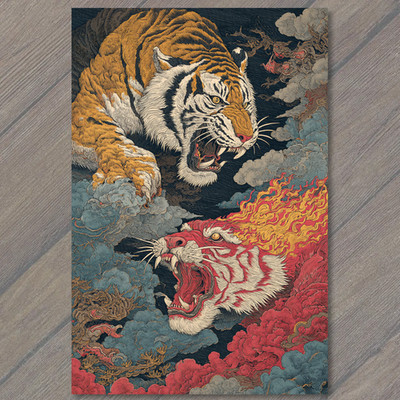 Art Print Tigers Duel Roaring Flames Clouds Mythic Battle Fierce Big Cats Sky