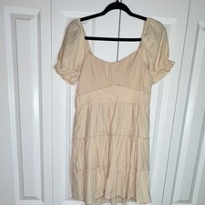 Women's Beige Solid Square Neck Puff Sleeve Mini Dress Ruffle Accent Short S