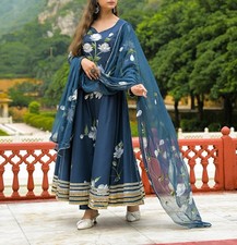 Blue Hand Painted Cotton Anarkali Kurta Pant Dupatta Set for Women