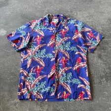 Vintage Paradise Found Hawaiian Camp Shirt Mens XL Blue Parrot Cotton 90s USA