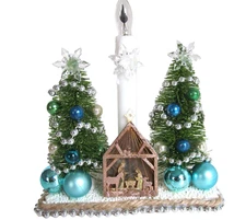 Christmas Candle Light Flicker Flame Table Mantel Nativity Scene Brush Trees C3