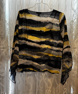 Alfani Women's M Black/Yellow/Beige/Gray Sheer Chiffon Striped Dolman Blouse