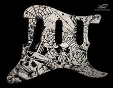 Etched Aluminum Sratocaster SSS Pickguard Skull Roses Cards Dice Light Relic