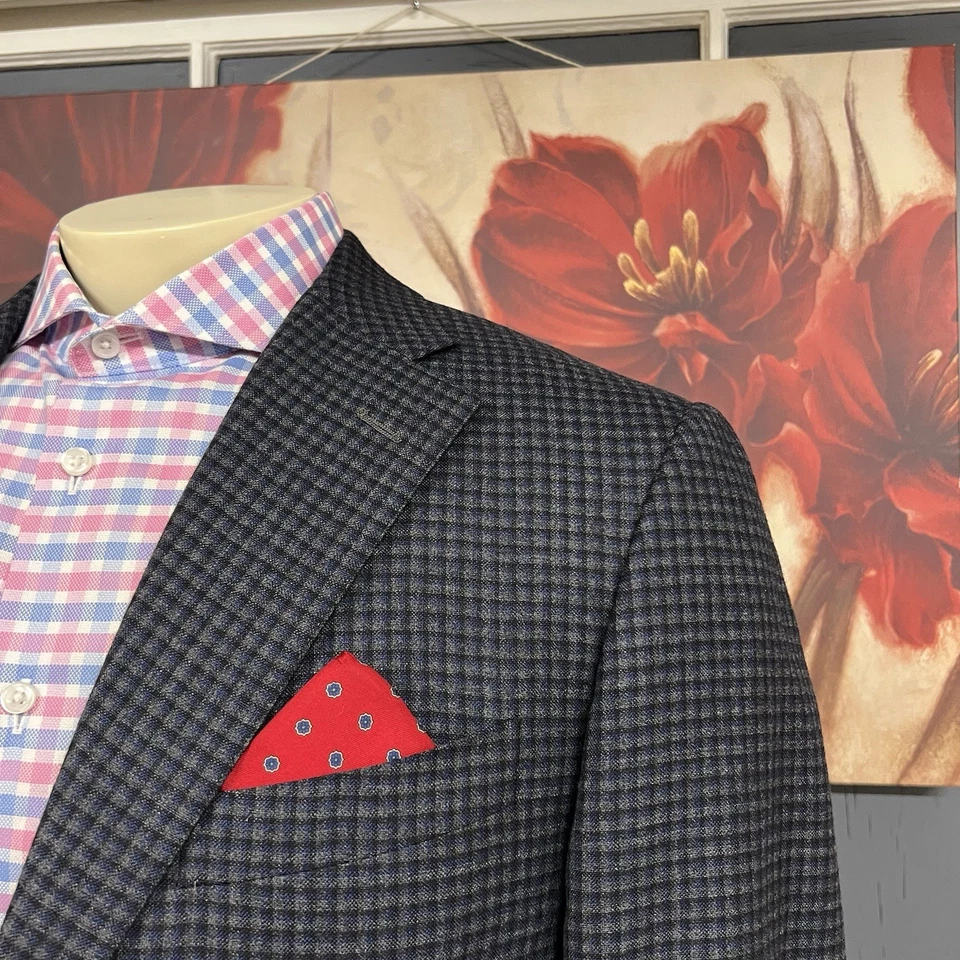 Blazer masculino Corneliani lã cashmere 44R azul marinho/cinza/preto punhos de trabalho flanela - Imagem 4 de 4