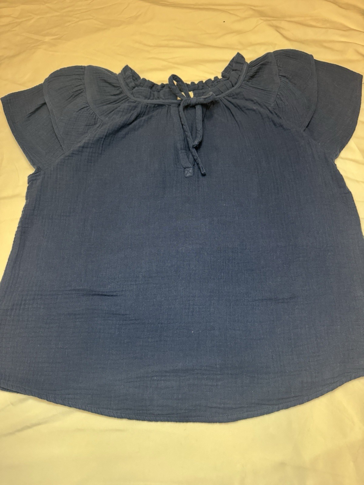 Just Living Blue 100% Cotton Ruffle Tie Neck Flutter Short Sleeve Blouse Size L