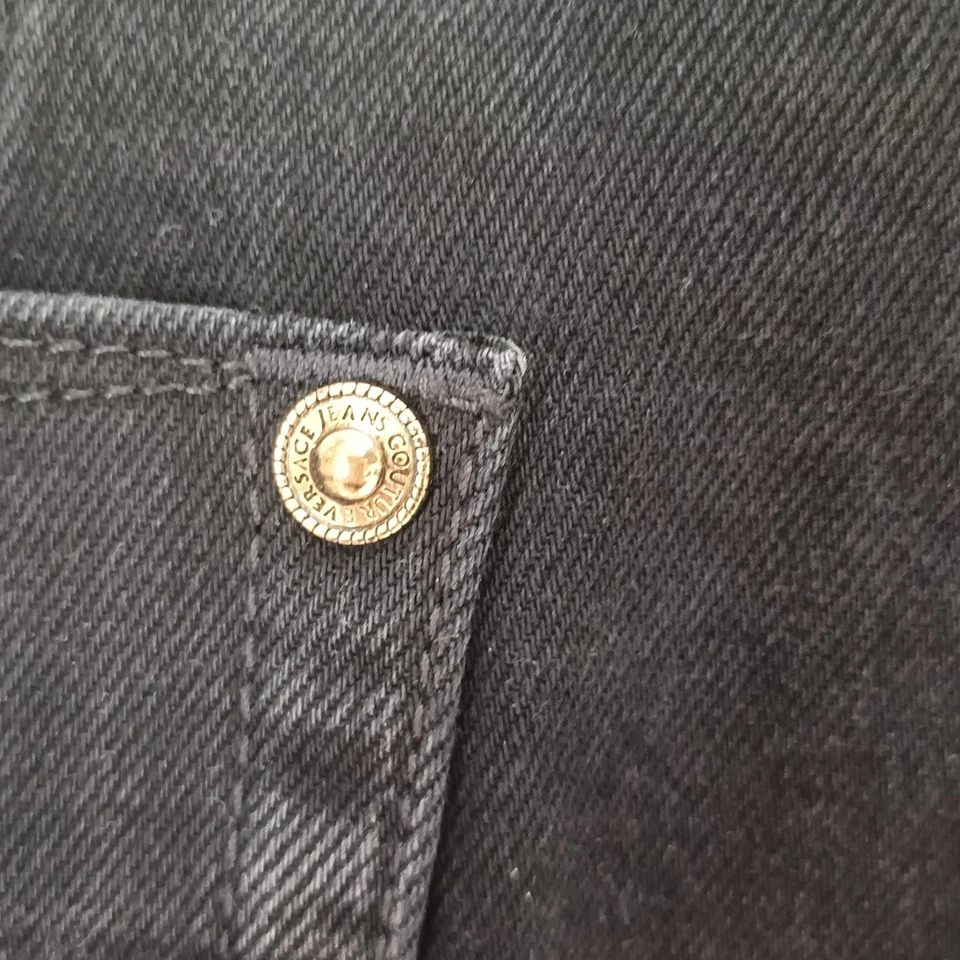 Versace Jeans Couture Midi Skirt AU 10 S Stretch Black Denim Gold Buttons EUC - Image 4 of 4