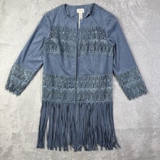 Chicos Faux Suede Cardigan Vest Small 0 Blue Fringe Western Festival Embroidered