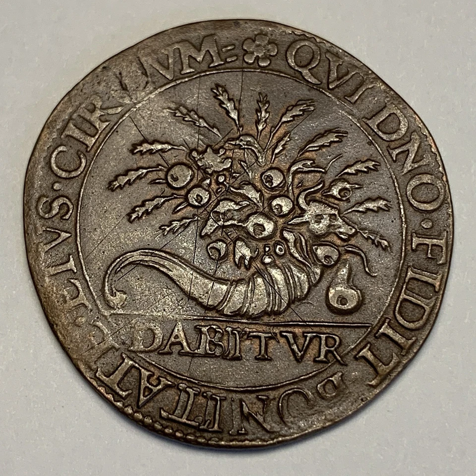 Moneda de cobre 1587 Países Bajos Dordrecht Jeton • Alegoría de la muerte años 1500 Foto 2 de 4