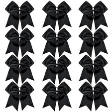 12Pcs Large Cheering Bows 8 Inch Black Cheerleading Bows with Elastics Hair Ties