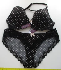 Adore Me black lace pink ribbon accent bra pantie set Polka dots SIZE L (2pieces