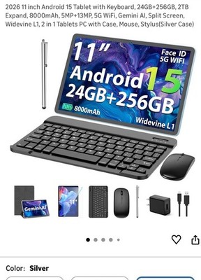 GeminiAI 2026 11'' Android 15 Tablet 24GB 256GB 8000mAh 5G Silver Keyboard