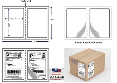 Perforated 200 Quality Round Corner Shipping Labels 2 Per Sheet 7.5'' x 5.125''
