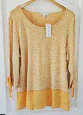 Notations Peach & Cream 3/4 Sleeve + Bows Sweater w/ Striped Built-In, XL, NWT