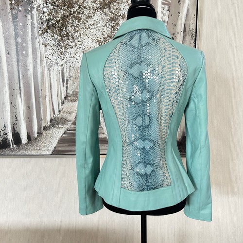 Che Bella Womens Snake Print Sequined Blue Faux Leather Jacket - Size 40 - Picture 7 of 9