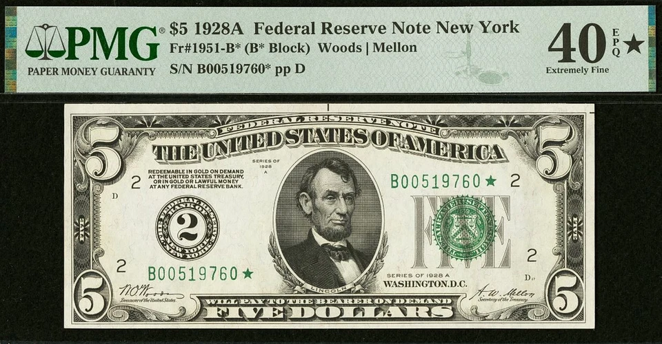 1928A $5 FRN New York PMG 40EPQ - Gold on Demand - Rare Star Note Fr 1951-B* - Image 2 of 3