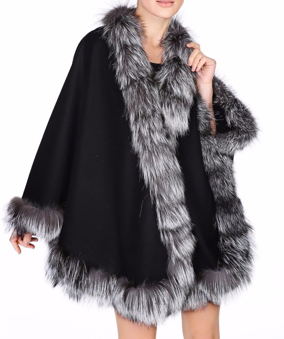 Cashmere Cape Wrap Shawl with Silver Fox Fur Trim New image 3