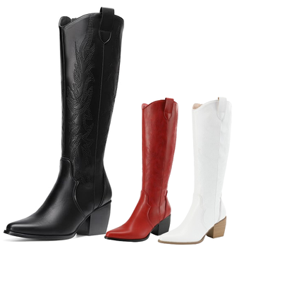 Women Cowboy Knee High Boots Low Chunky Heel Pointed Toe