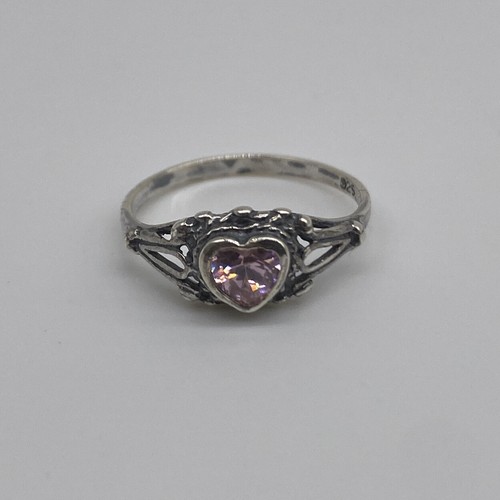 Silver Tone Pink Heart Rhinestone Ring Size 4