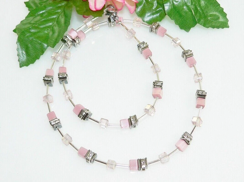 Halskette Halskette Collier Cube 4mm Cat Eye rose Kristall glas rosa Strass 502p - Bild 4 von 4