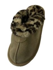 Girls Tan Suede Scuff Slippers House Shoes With Faux Fur Leopard Trim 11-12
