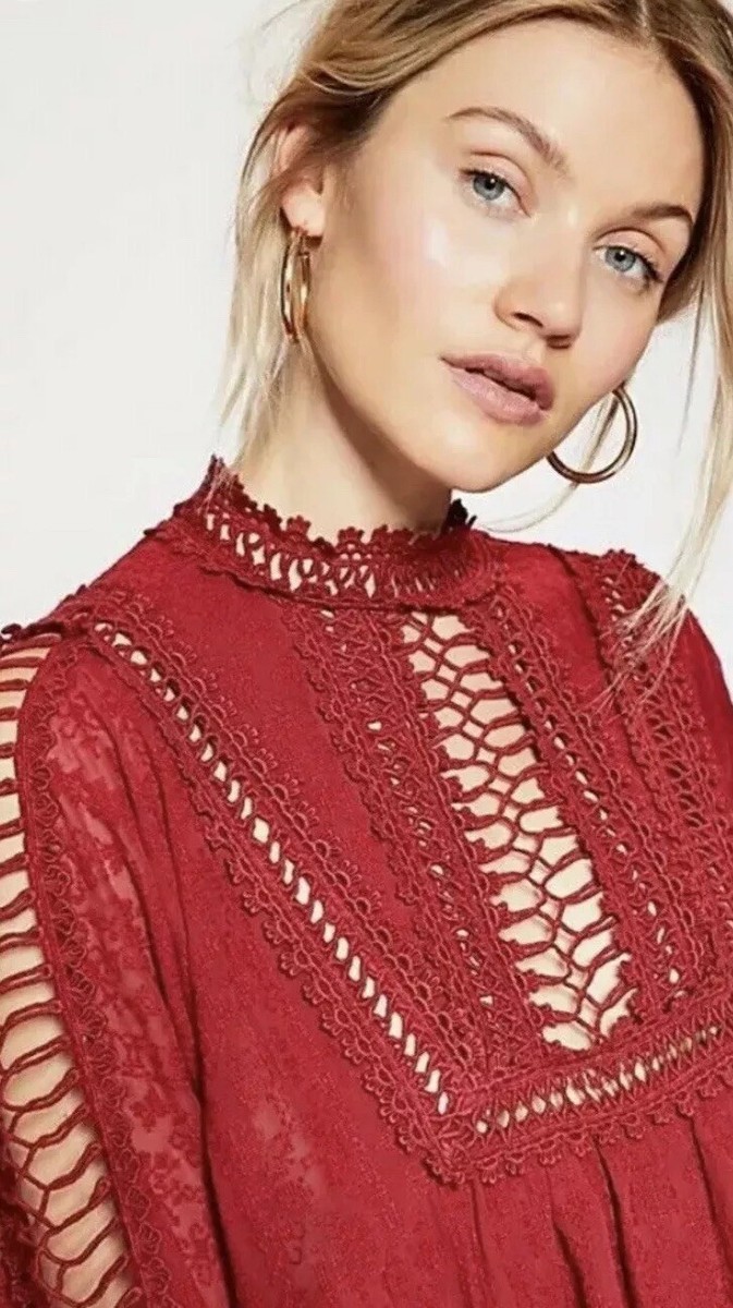 free people venice mini dress NWT $250 Free People Venice Mini Dress Size Small / Runs Large Berry Red  Z215-1