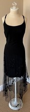 NICOLE BATKI Crochet Rosette Vines Beaded Sheer Hem Sheath Gown Dress M Black