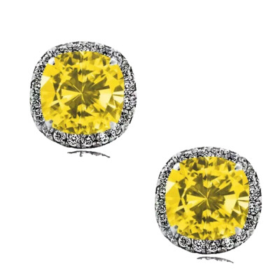 14k White Gold Cushion Halo November Yellow Topaz Push Back Stud CZ Earrings