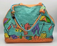 Sally Huss Beach Bag Canvas Tote Umbrella Clothes Line Logo Heart FOB Sun N Sand