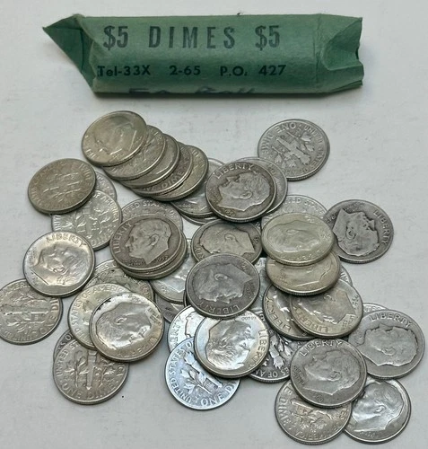1 Roll of (50), Roosevelt Silver Dimes, Mixed Dates Good Condition Free Shipping