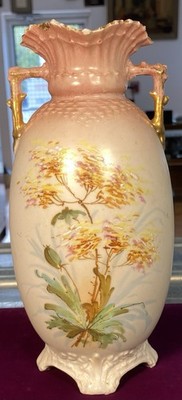 Antique Austrian Hand Painted Porcelain Vase Pink Gold Handles Floral Art