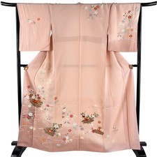 Japanese Silk Houmongi Kimono L 164cm Pink Flower raft Flowing water Excellent 1