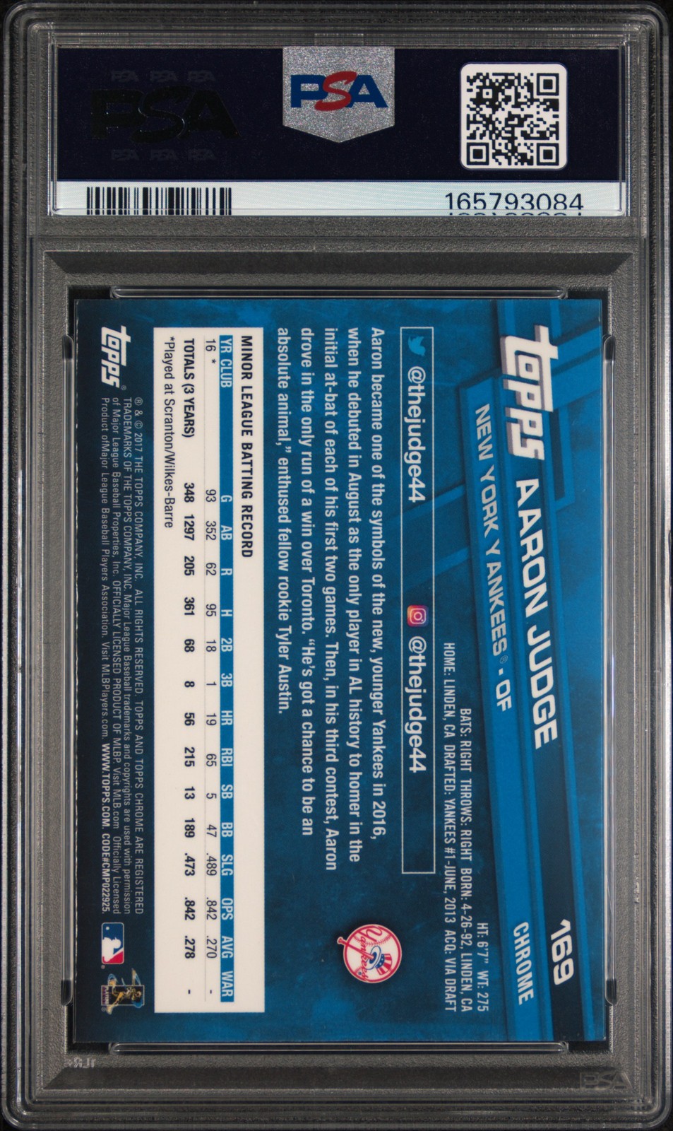 2017 TOPPS CHROME #169 AARON JUDGE PSA 9 view 2