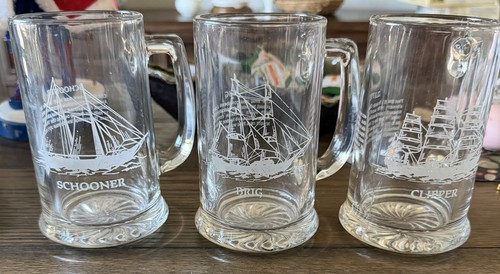 Set of Three Ships Beer Mugs Schooner Brig and Clipper In Excellent Condition