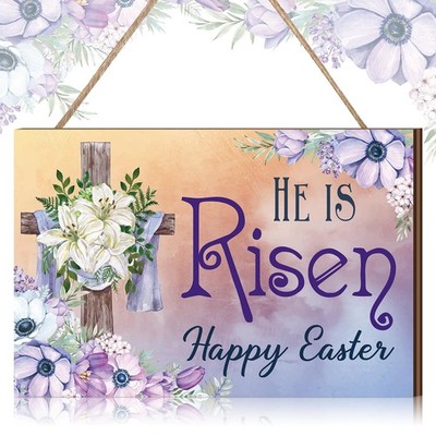 Happy Easter Signs for Door Decoration 12 x 8 Inch Wooden Religious He Is Ris...