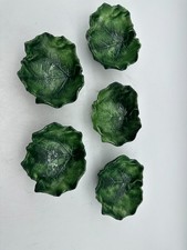 Set of 5 Vietri Green Majolica Leaf Dishes Footed Italian Trinket Bowls