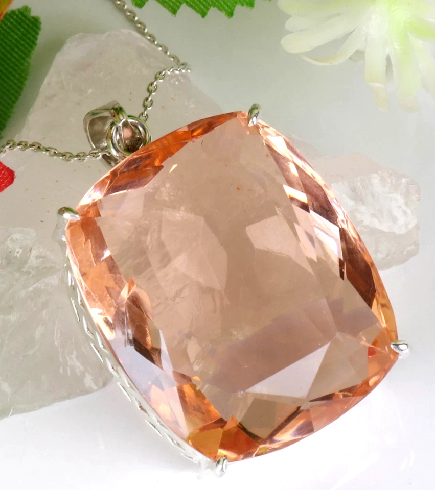 97.40 Ct. Large Peach Topaz Cushion Cut 925 Sterling Silver Pendant Gift 4 Women - Image 4 of 4