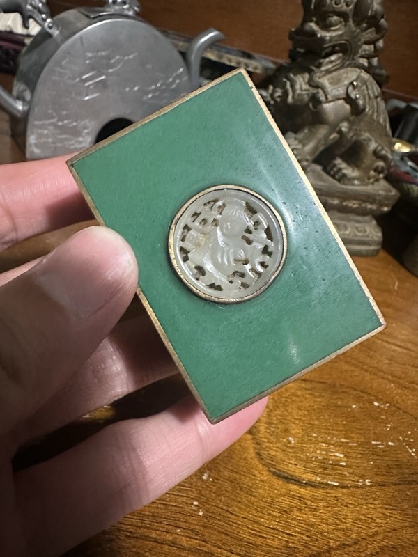Antique Chinese Carved Jade Boy Cloisonné Match Box Holder