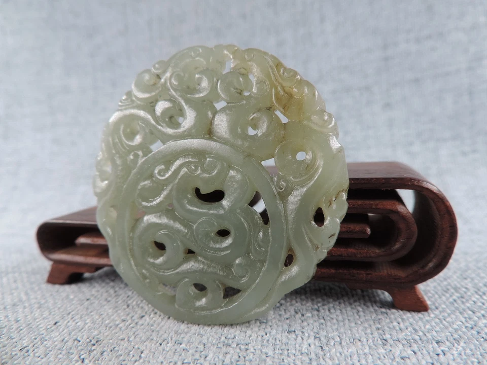 Exquisito Antiguo Jade Hetiano Naturaleza China Tallado a Mano Patrón de la Suerte Peadant Foto 2 de 4