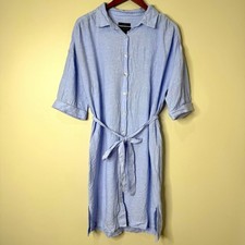 Tahari Blue 100% Linen Button Front Tie Belt Shirt Dress Coastal Cover-up Large