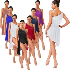 Womens Dress Costume Dresses Rock Dancewear Leotard Dance Asymmetric Tango Hem