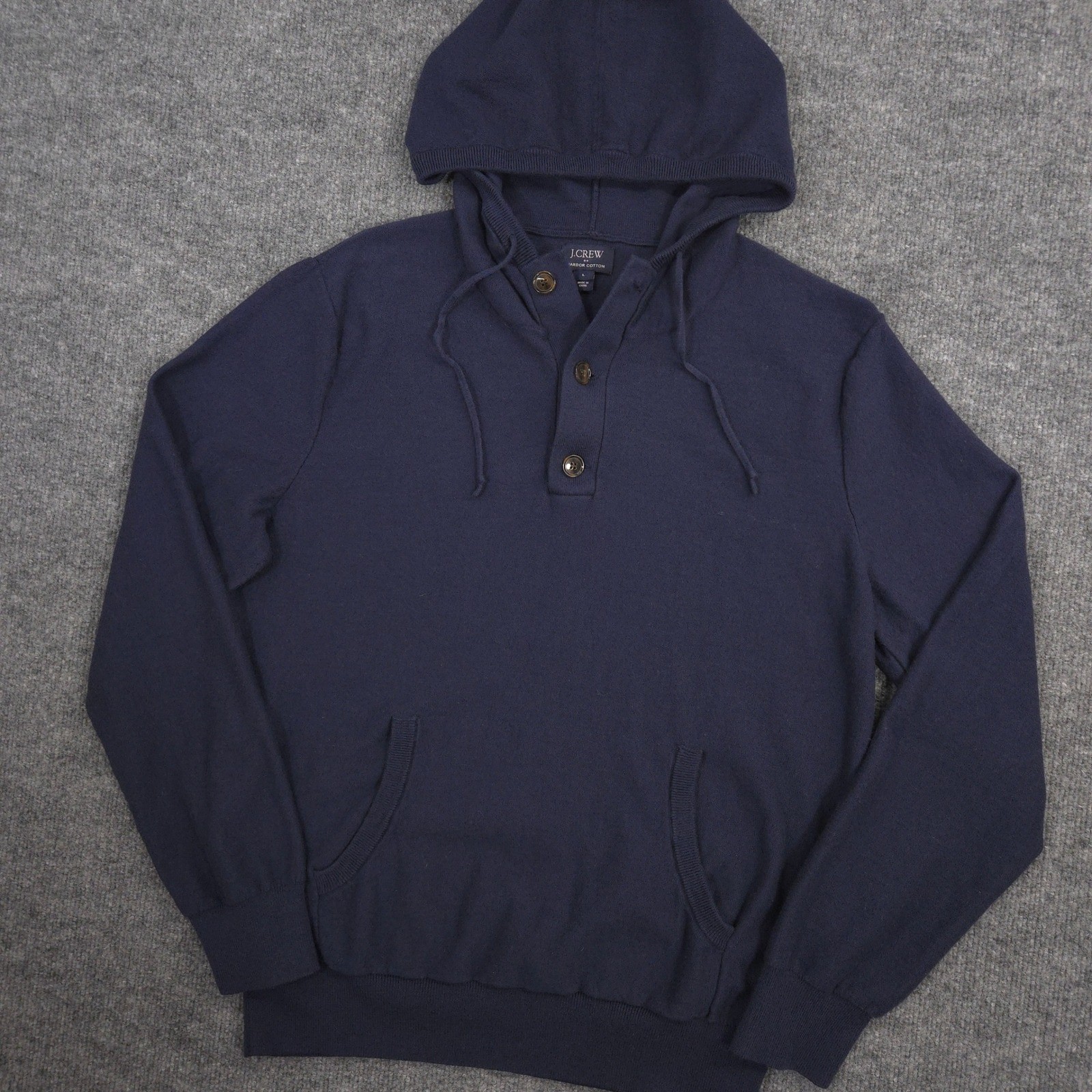 J Crew Henley Hoodie Mens L Navy Harbor Cotton Merino Wool Blend Pullover Preppy