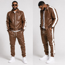 Mens Genuine Real Leather Lambskin Sweatsuit Track Suit Jogging Tracksuit