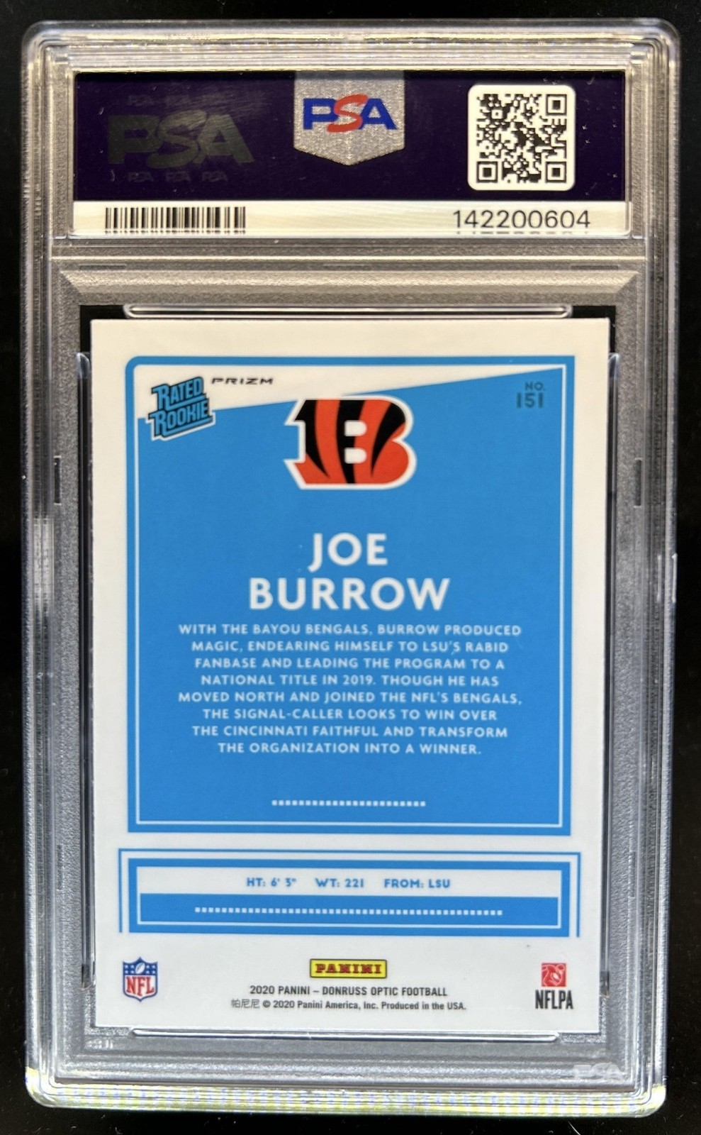 2020 Panini Donruss Optic Joe Burrow Holo Prizm Rookie RC #151 Bengals PSA 10 view 2