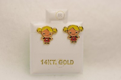 Blonde Girl Stud Earrings · Solid 14K Gold · Enamel Jewelry for Girls.